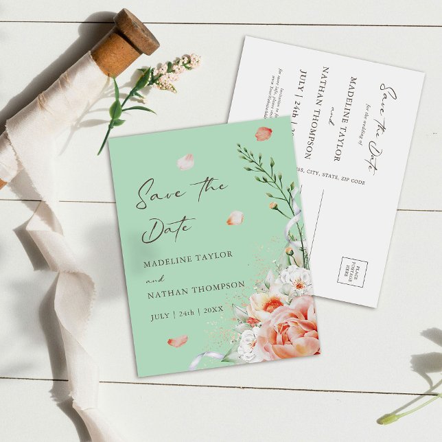 Postal De Anuncios Ahorre la fecha floral verde menta y melocotón Bot (Subido por el creador)