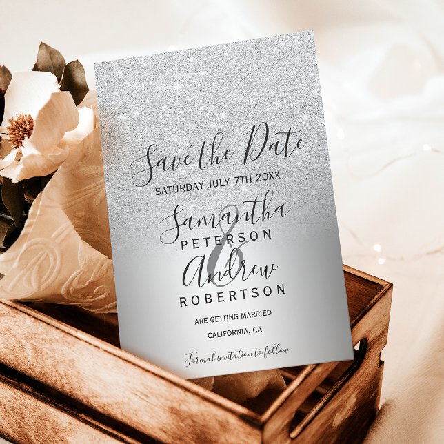 Postal De Anuncios Ahorre la fecha metálico con brillo plateado ombre (Silver glitter ombre metallic save the date announcement postcard)