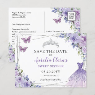 Postal De Anuncios Ahorre Quinceañera Floral Lila Púrpura Dulces Diec