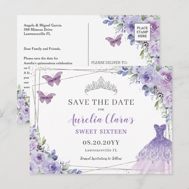 Postal De Anuncios Ahorre Quinceañera Floral Lila Púrpura Dulces Diec (Anverso / Reverso)