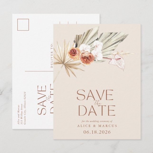 Postal De Anuncios Ahorro Boho Floral Boda Guardar La Fecha (Anverso / Reverso)