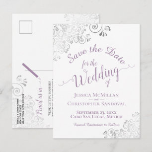 Postal De Anuncios Ahorro de boda de plata con encaje de lavanda Blan