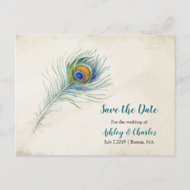 Postal De Anuncios Ahorro de boda de pluma de pavo real bohemio
