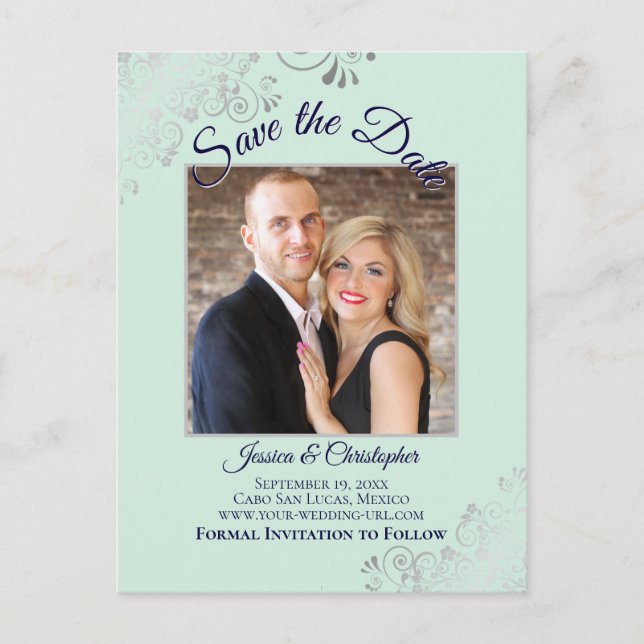 Postal De Anuncios Ahorro de boda verde menta y azul marino Foto (Anverso)