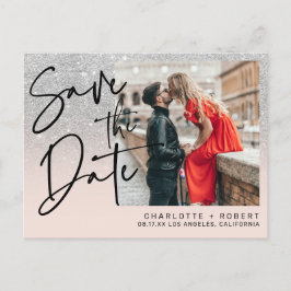 Postal De Anuncios Ahorro de fecha de boda con foto de brillo platead