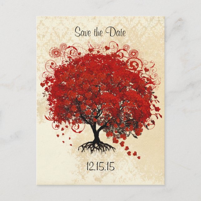 Postal De Anuncios Ahorro de fecha de boda de árbol rojo (Anverso)