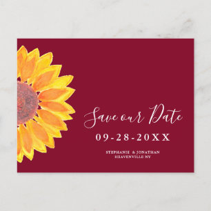 Postal De Anuncios Ahorro de fecha de boda de girasol de Borgoña