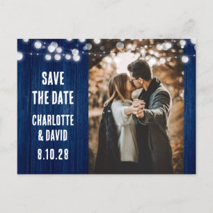 Postal De Anuncios Ahorro de fecha de boda de madera rústica azul mar