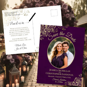 Postal De Anuncios Ahorro de Fecha de Boda de Oro Púrpura Ciruela Ova