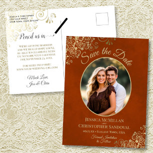 Postal De Anuncios Ahorro de fecha de boda naranja óxido dorado foto 