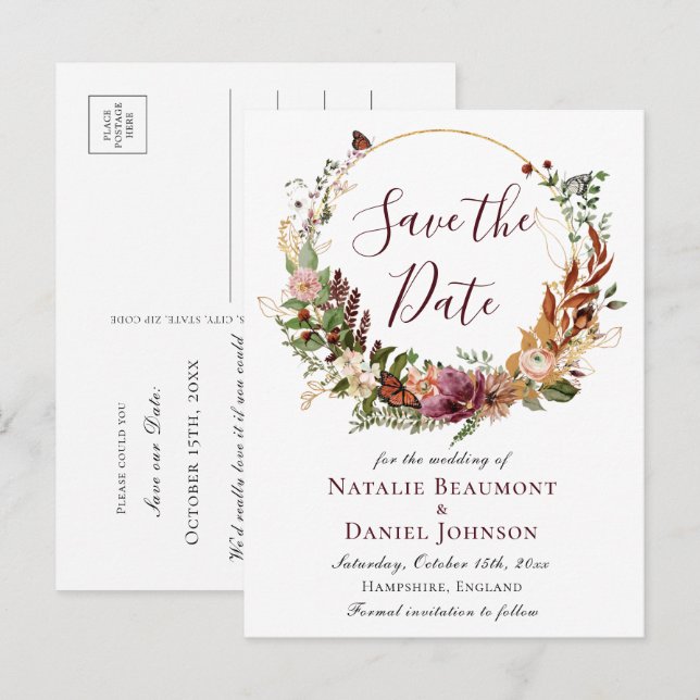 Postal De Anuncios Ahorro de Fecha Floral de Otoño Rústico (Anverso / Reverso)