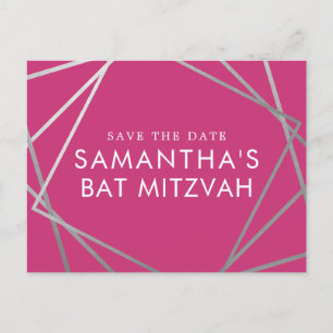 Postal De Anuncios Ahorro de fecha para Bat Mitzvah moderno rosa y pl