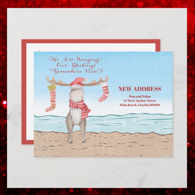 Postal De Anuncios Alce de Navidad de Playa Trasladado en Vacaciones (New Address card - Moving announcement - Fun and cute Christmas Moose Beach Scene)