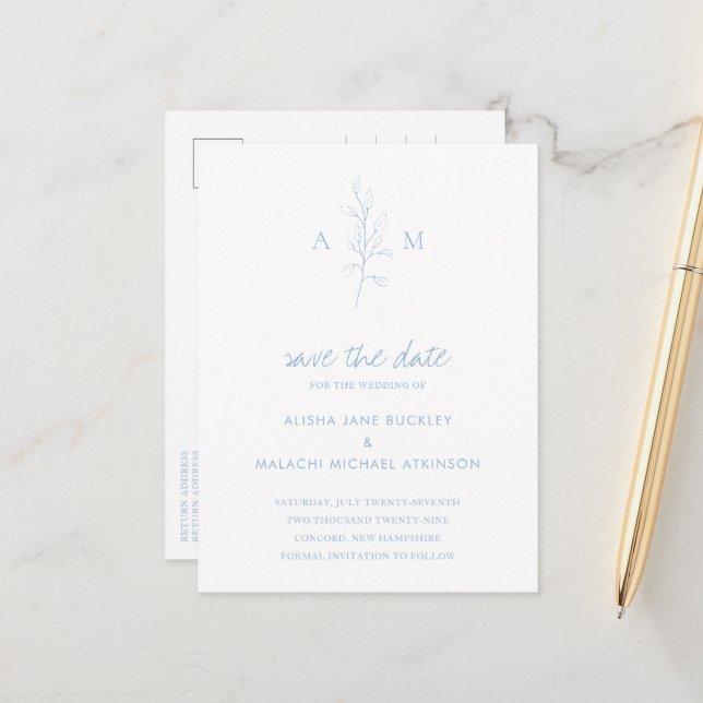Postal De Anuncios Alisha Dusty Blue Botanical Elegant Wedding (Anverso/Reverso In Situ)