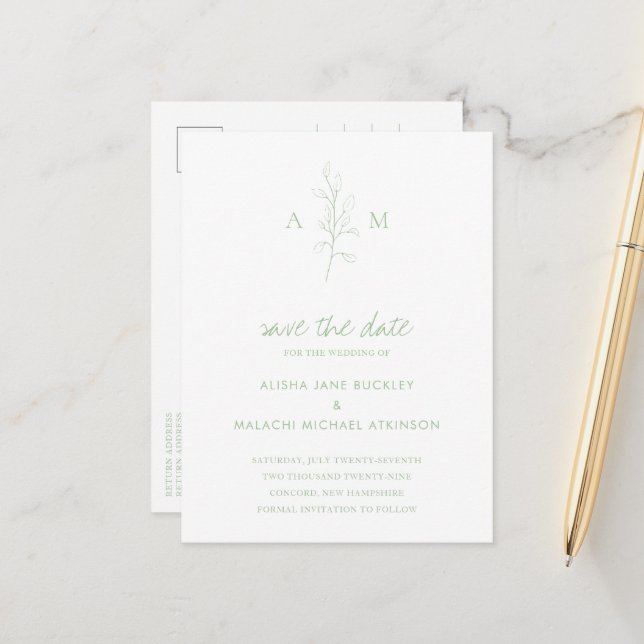 Postal De Anuncios Alisha Sage Green Botanical Elegant Wedding (Anverso/Reverso In Situ)