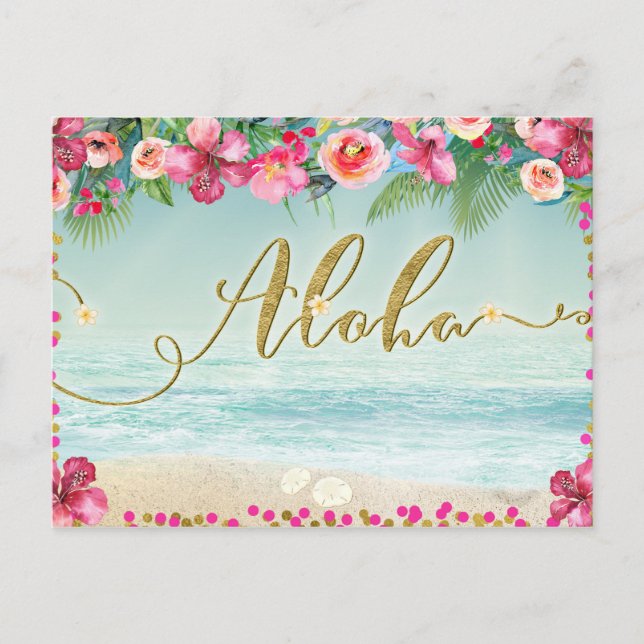 Postal De Anuncios ALOHA Gold Tropical Beach Hibiscus Save the Date (Anverso)