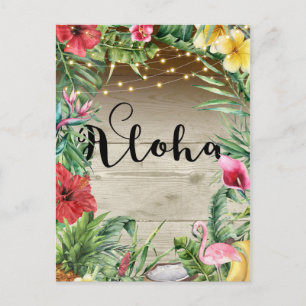 Postal De Anuncios Aloha Madera Tropical Floral Hojas y Luces Verano