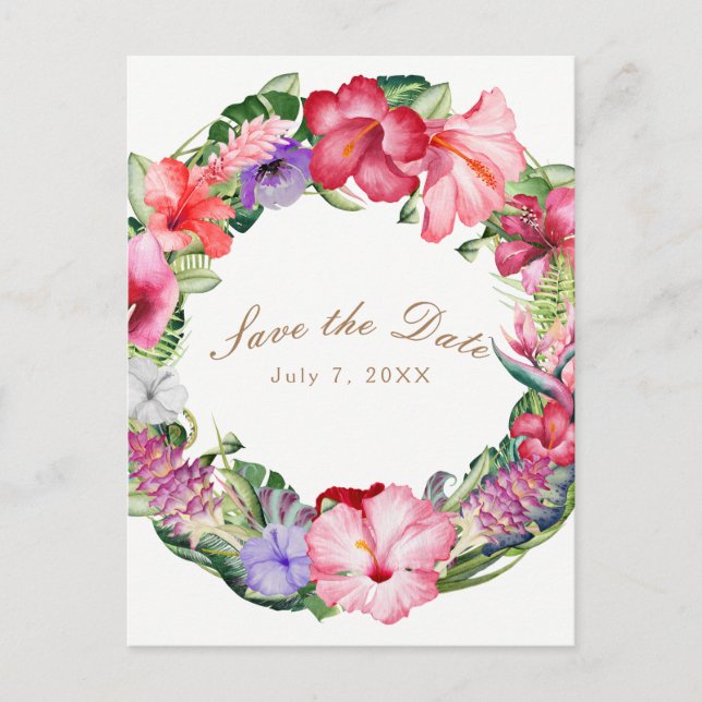 Postal De Anuncios Aloha Tropical Floral Wreath Wedding Save the Date (Anverso)