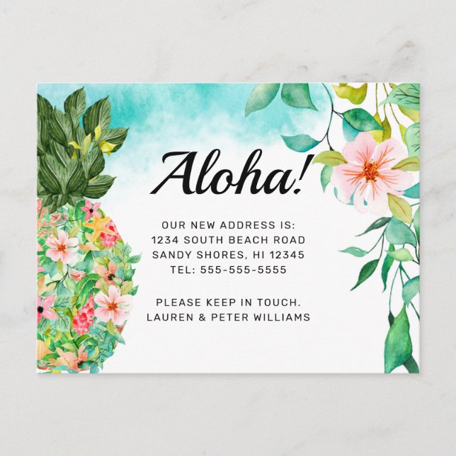 Postal De Anuncios Aloha Tropical Piña Floral Hawái Mudanza (Anverso)