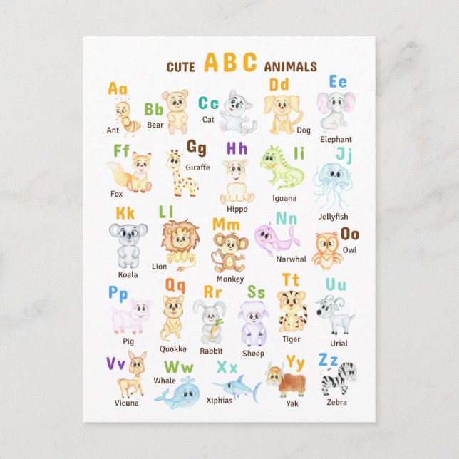 Postal De Anuncios Alphabet Animal ABC Animales cutáneos (Anverso)