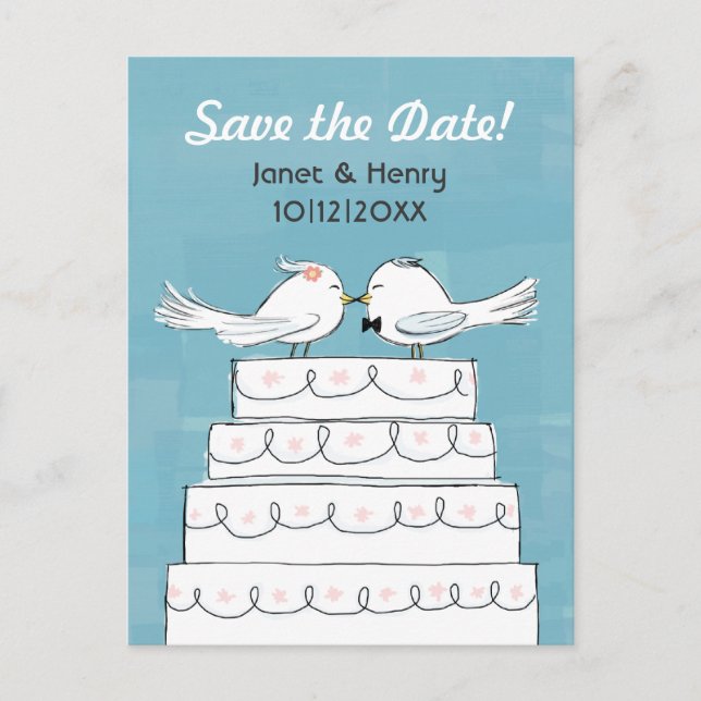 Postal De Anuncios Amantes Bodas Beso de torta salvan la fecha (Anverso)