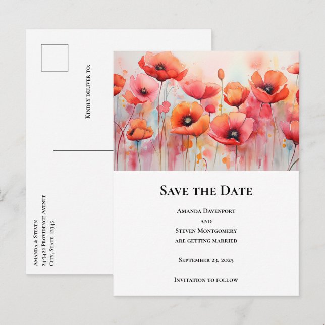 Postal De Anuncios Amapolas Rojas en un Campo Acuarela Boda (Anverso / Reverso)