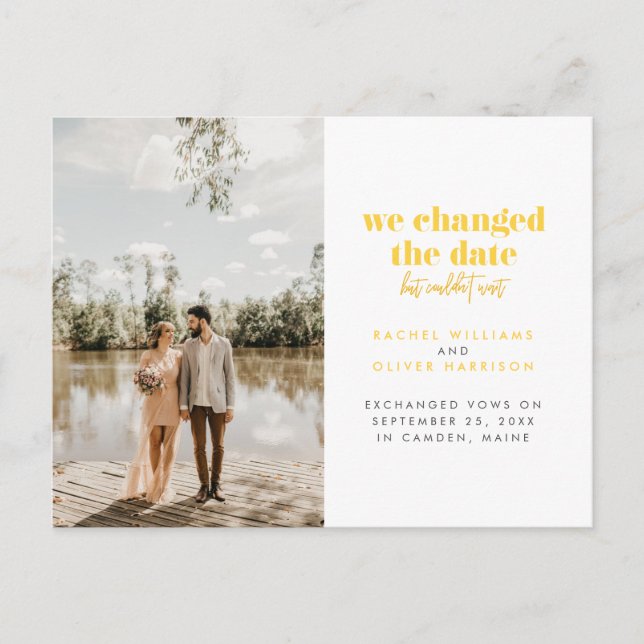 Postal De Anuncios Amarillo: cambiamos la fecha pero no pude esperar (Anverso)