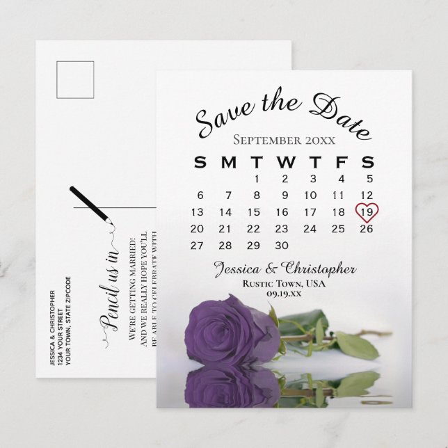 Postal De Anuncios Amethyst Purple Rosa Calendar Save the Date (Anverso / Reverso)