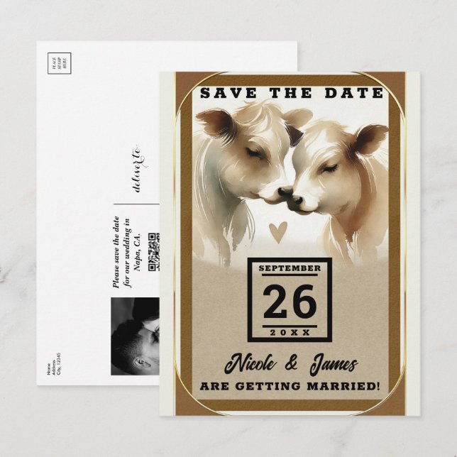 Postal De Anuncios Amor de Vaca Marrón Crema Boda de Campo Guarde la  (Anverso / Reverso)
