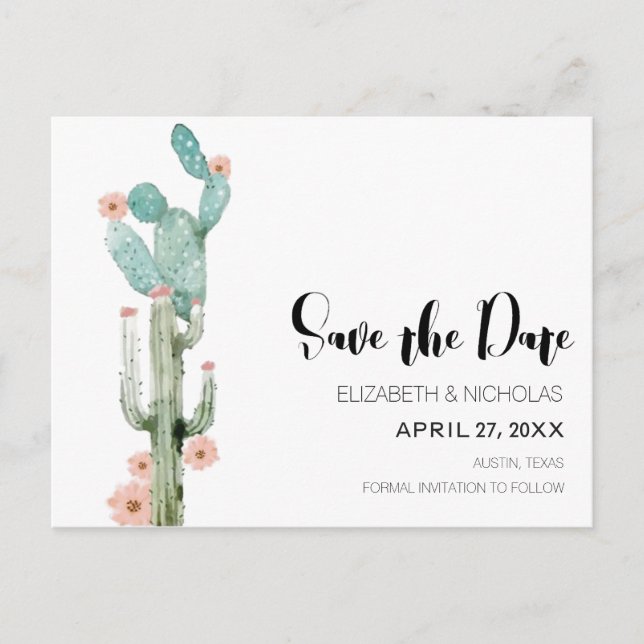 Postal De Anuncios Amor Floreciente - Cactus Photo Save The Date (Anverso)