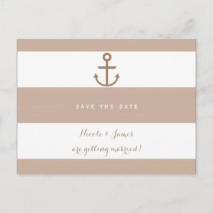 Postal De Anuncios Ancla a rayas marrón taupe y blanco Save The Date