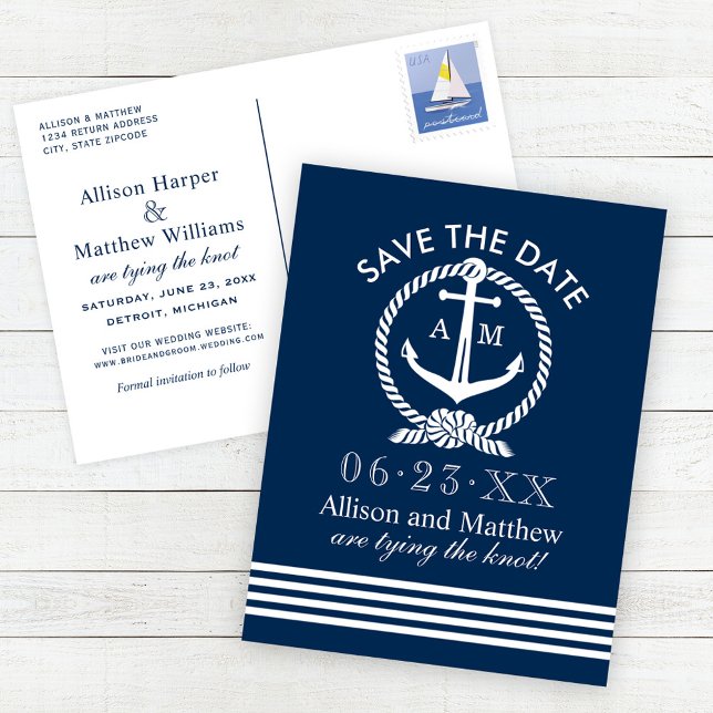 Postal De Anuncios Ancla azul marino de boda Save the Date náutico (Subido por el creador)