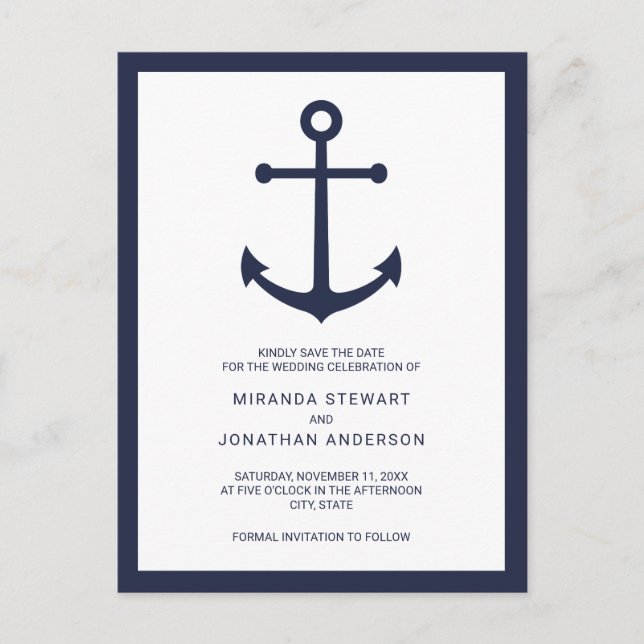 Postal De Anuncios Ancla azul marino naval de boda Save the Date (Anverso)