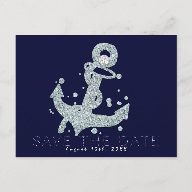 Postal De Anuncios Ancla de diamante náutico Bling Glam Save the Date (Anverso)