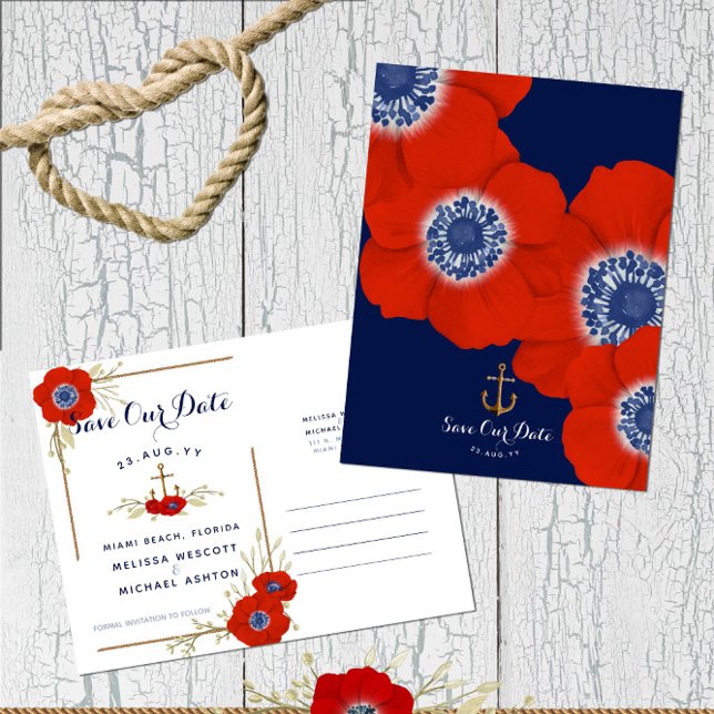 Postal De Anuncios Ancla Náutica Roja ❤️ presupuesto Guardar fecha (Budget-Friendly Save Our Date with Nautical Theme and Red Anemone | Customize On Screen Now!)