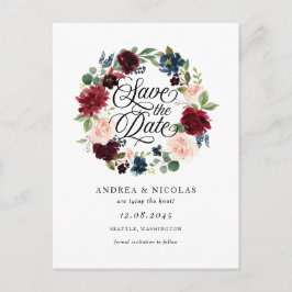 Postal De Anuncios Anillo Floral Burgundy y Azul Save the Date