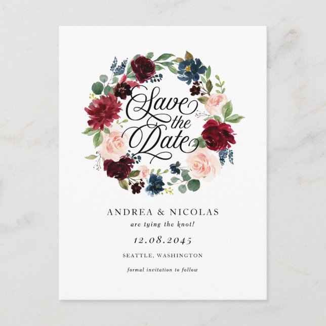 Postal De Anuncios Anillo Floral Burgundy y Azul Save the Date (Anverso)