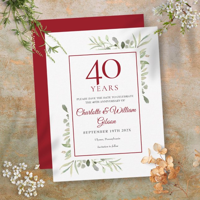 Postal De Anuncios Aniversario de 40 años de vegetación Guarda la fec (Greenery 40th Anniversary Save the Date Announcement Postcard)