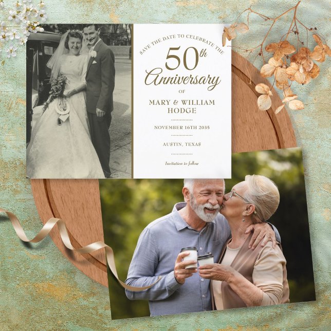 Postal De Anuncios Aniversario de Bodas 50 2 Foto Guardar la Fecha (50th Wedding Anniversary 2 Photo Save The Date Announcement Postcard)