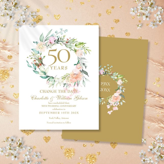 Postal De Anuncios Aniversario de Bodas número 50 Cambio de Fecha Flo (50th Wedding Anniversary Change the Date Floral Announcement Postcard)
