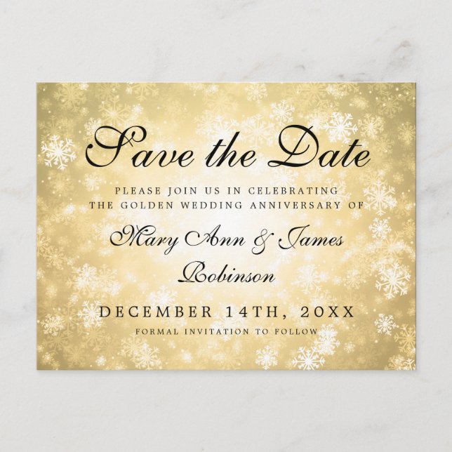 Postal De Anuncios Aniversario de Gold Winter Wonderland Save the Dat (Anverso)