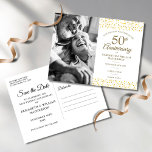Postal De Anuncios Aniversario de los corazones dorados Foto Salven l<br><div class="desc">Con un delicado confeti de corazones dorados,  usted puede personalizar con su foto especial y 50 años de aniversario dorado ahorrando la información de fecha en letras de moda. Al revés se muestran detalles adicionales de la celebración. Diseñado por Thisisnotme©</div>