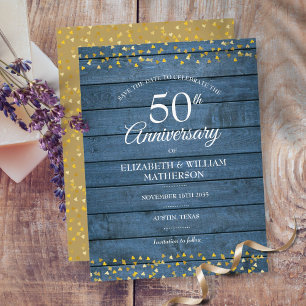 Postal De Anuncios Aniversario número 50 Rustico Corazones de Oro Avi