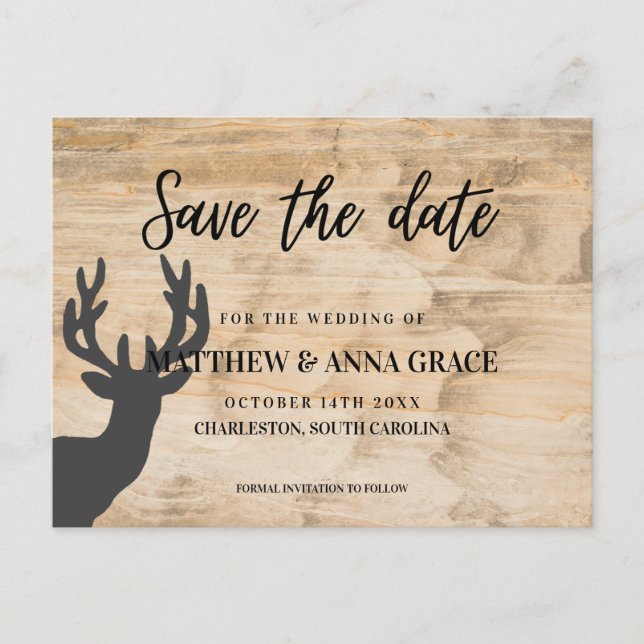 Postal De Anuncios Antlers de venado de madera clara Guardar el Boda  (Anverso)