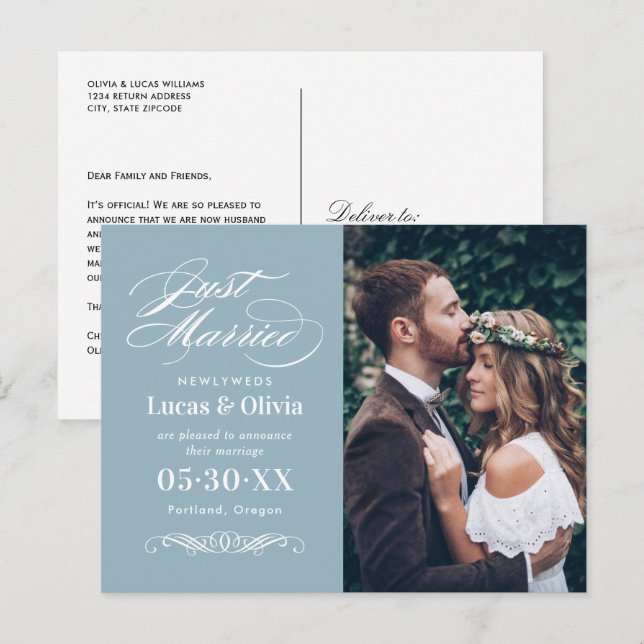 Postal De Anuncios Apenas casado casando el azul gris de las (Anverso / Reverso)
