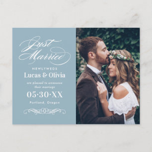 Postal De Anuncios Apenas casado casando el azul gris de las