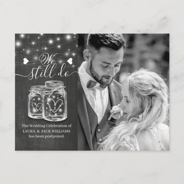 Postal De Anuncios Aplazamiento de Boda en Mason Jars Nos Casamos Fot (Anverso)