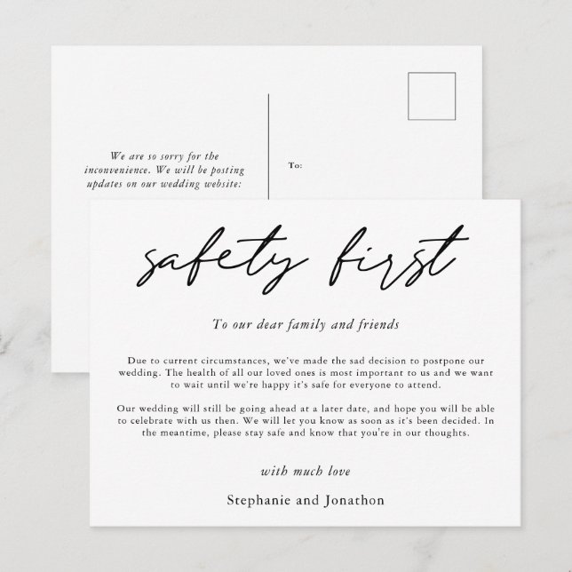Postal De Anuncios Aplazamiento de Boda Seguridad Primero Script COVI (Anverso / Reverso)