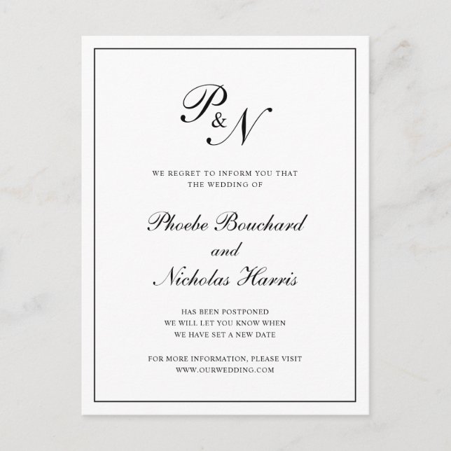 Postal De Anuncios Aplazamiento formal del Boda del Monograma Blanco  (Anverso)