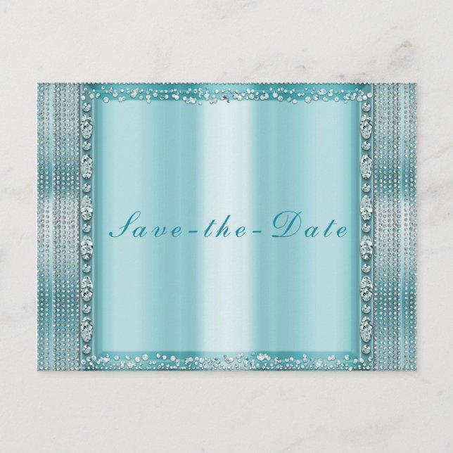 Postal De Anuncios Aqua Azul Teal Plata Diamante Bling Save the Date (Anverso)